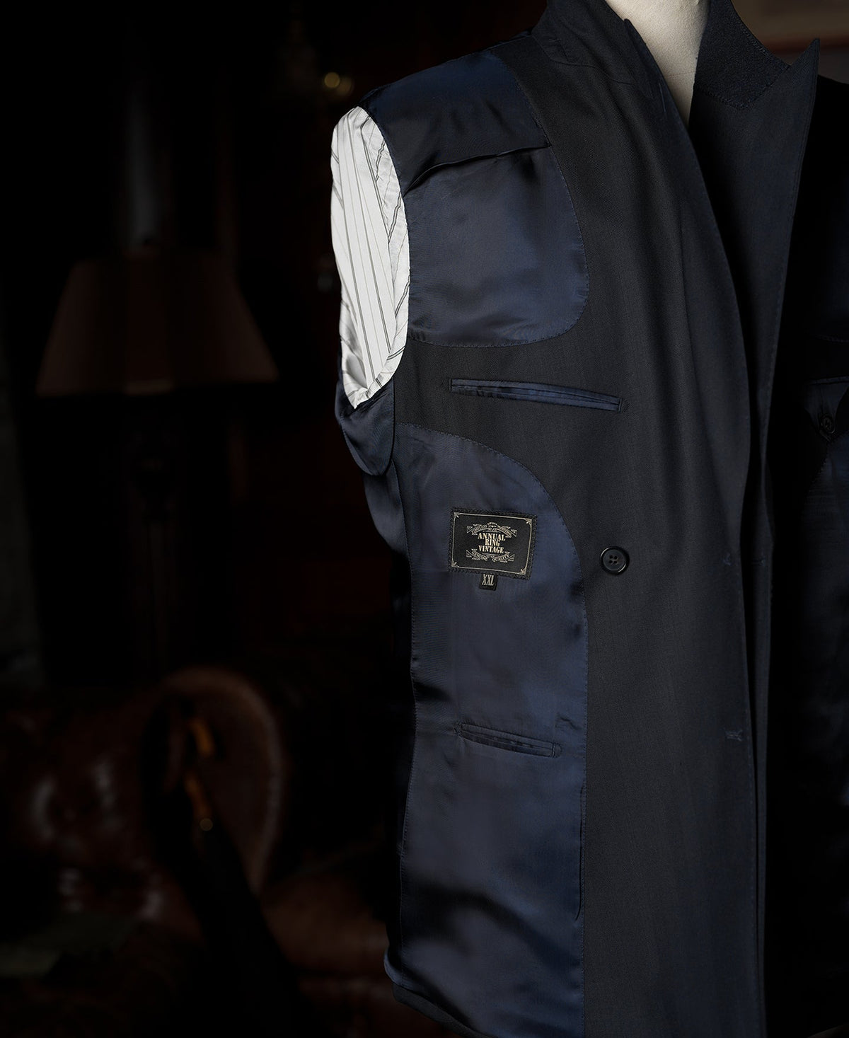 Herringbone Double-Breasted Suit Jacket - Navy