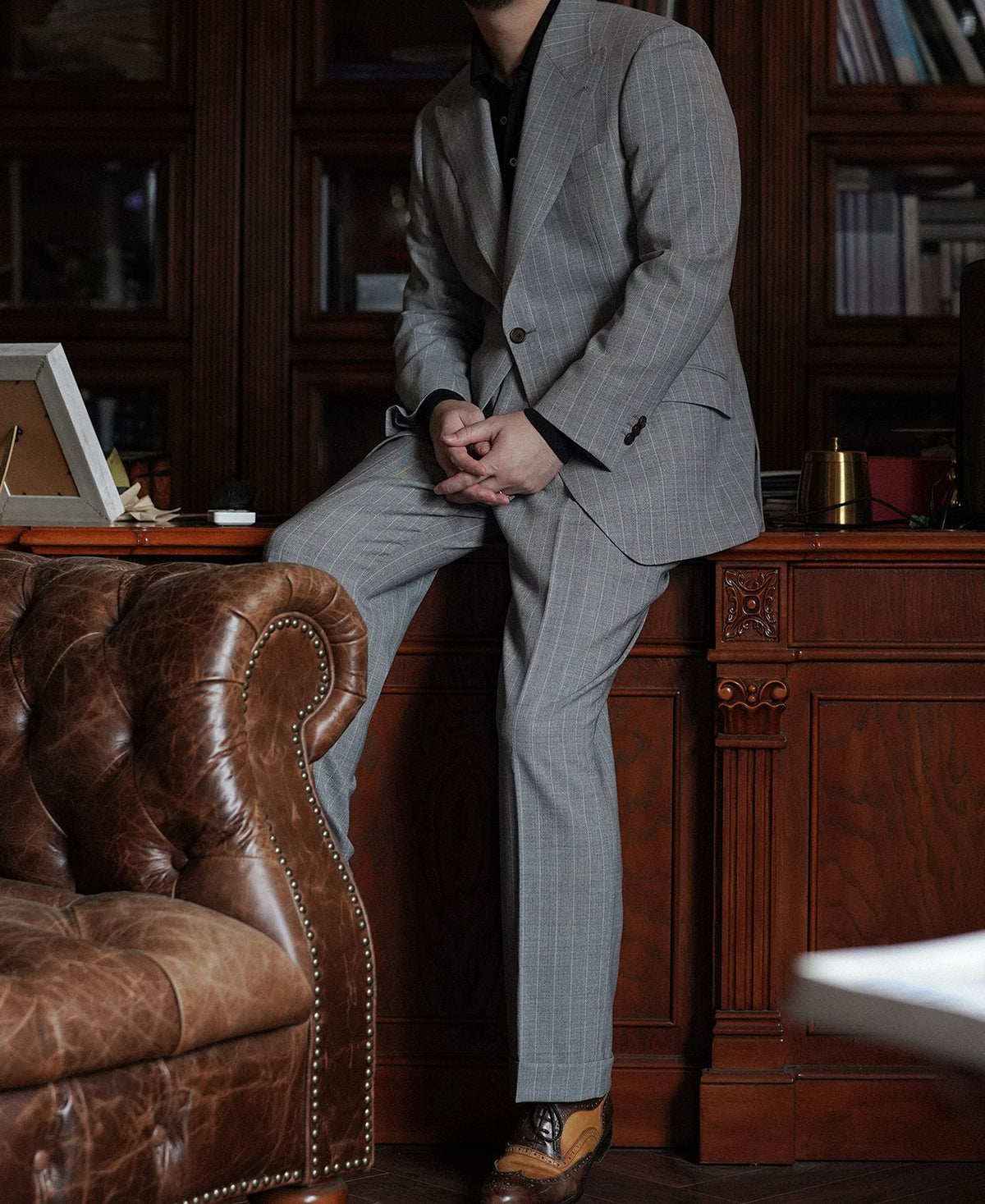 Gray Striped Wool-Blend Suit Jacket - Single-Breasted Peak Lapel