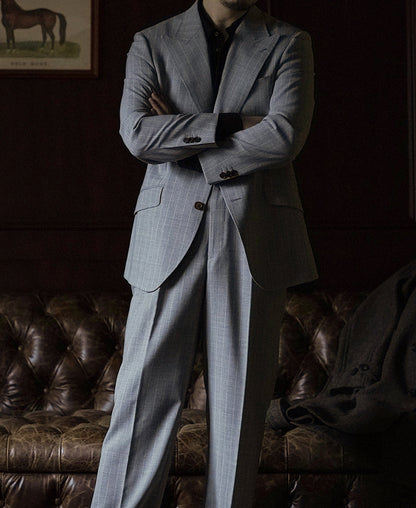 Gray Striped Wool-Blend Suit Jacket - Single-Breasted Peak Lapel