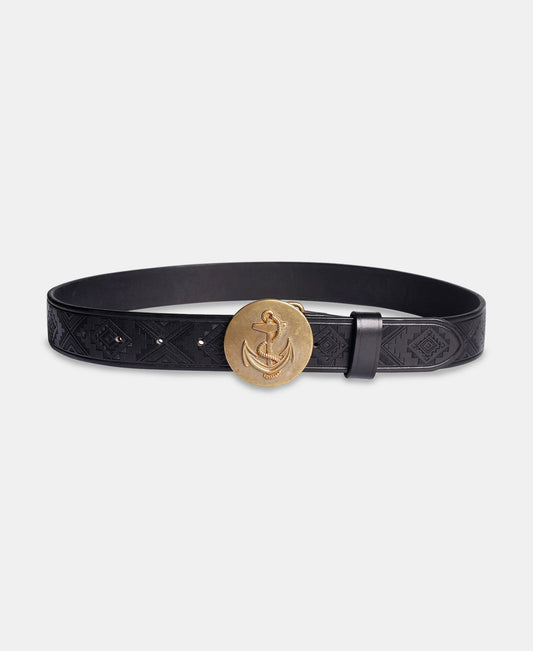 Western-Style Tooled Plate Buckle Leather Belt - Black
