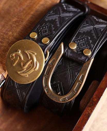 Western-Style Tooled Plate Buckle Leather Belt - Black