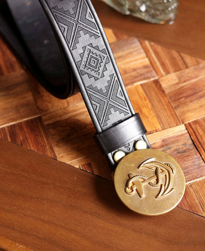 Western-Style Tooled Plate Buckle Leather Belt - Black