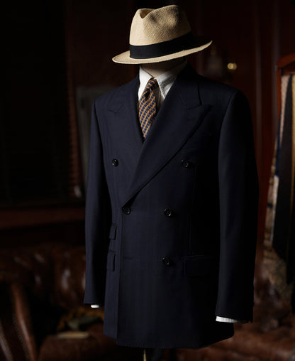 Herringbone Double-Breasted Suit Jacket - Navy