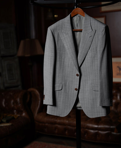 Gray Striped Wool-Blend Suit Jacket - Single-Breasted Peak Lapel
