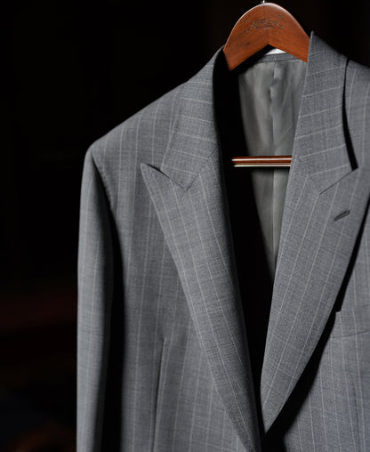 Gray Striped Wool-Blend Suit Jacket - Single-Breasted Peak Lapel