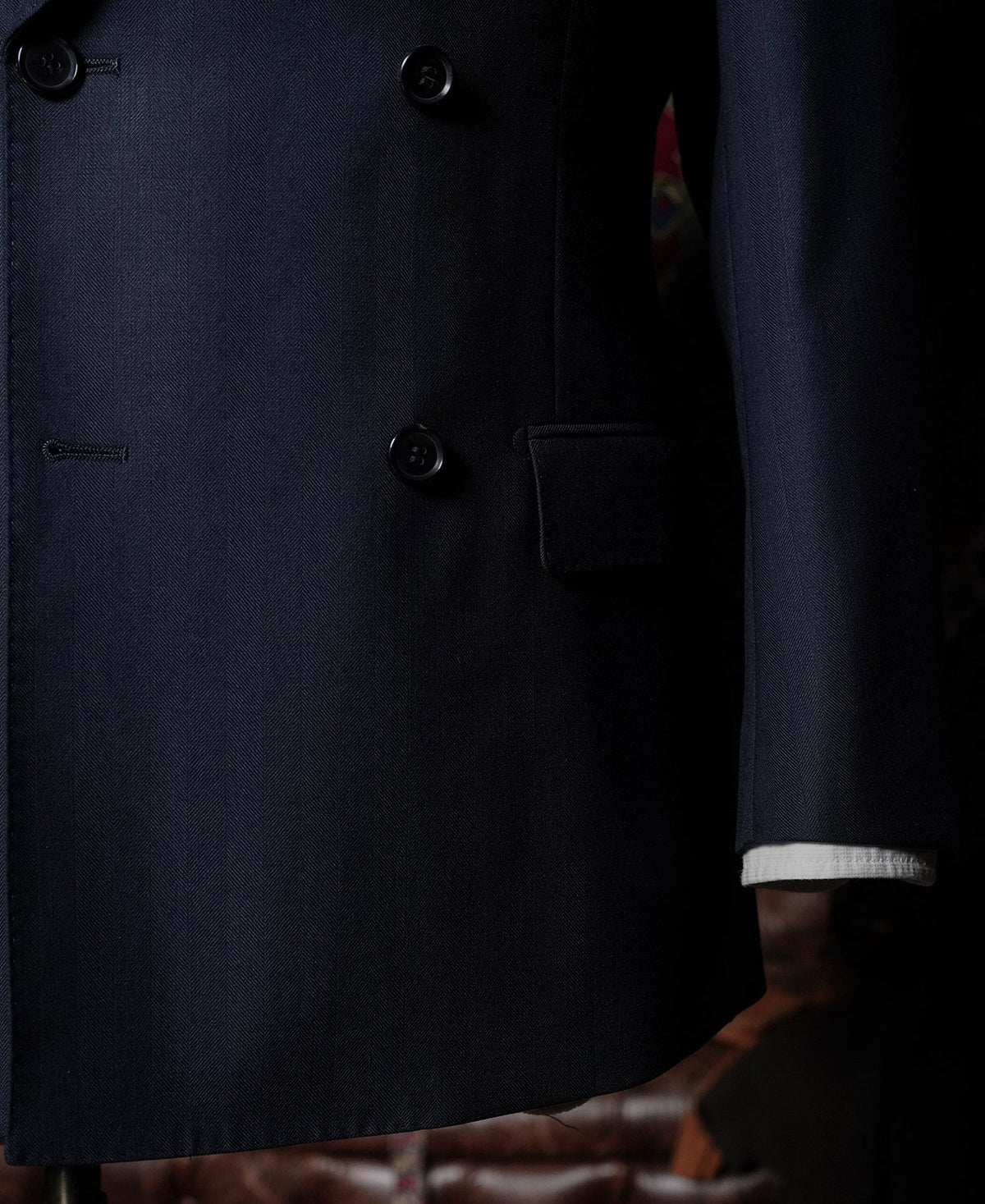 Herringbone Double-Breasted Suit Jacket - Navy