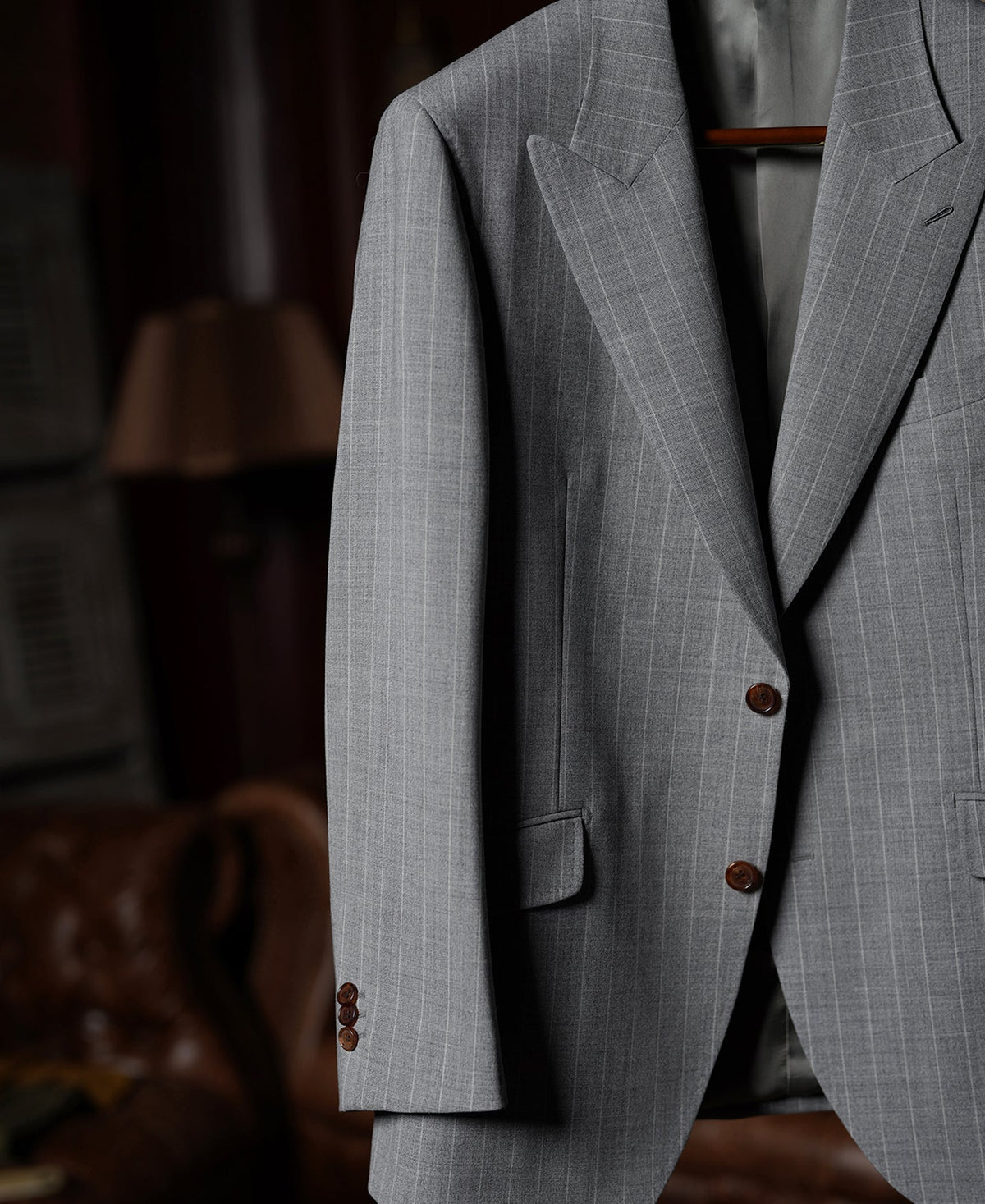 Gray Striped Wool-Blend Suit Jacket - Single-Breasted Peak Lapel