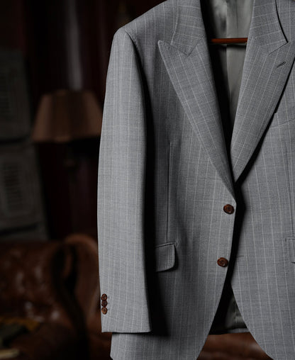 Gray Striped Wool-Blend Suit Jacket - Single-Breasted Peak Lapel