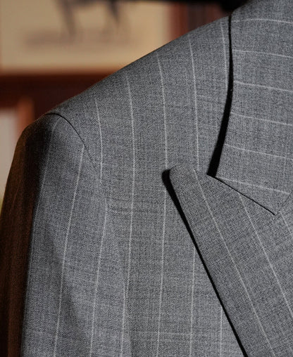 Gray Striped Wool-Blend Suit Jacket - Single-Breasted Peak Lapel