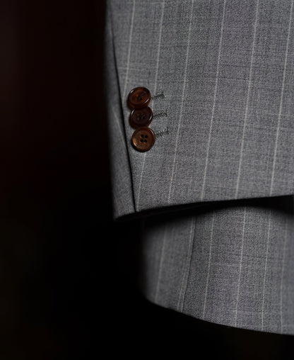 Gray Striped Wool-Blend Suit Jacket - Single-Breasted Peak Lapel