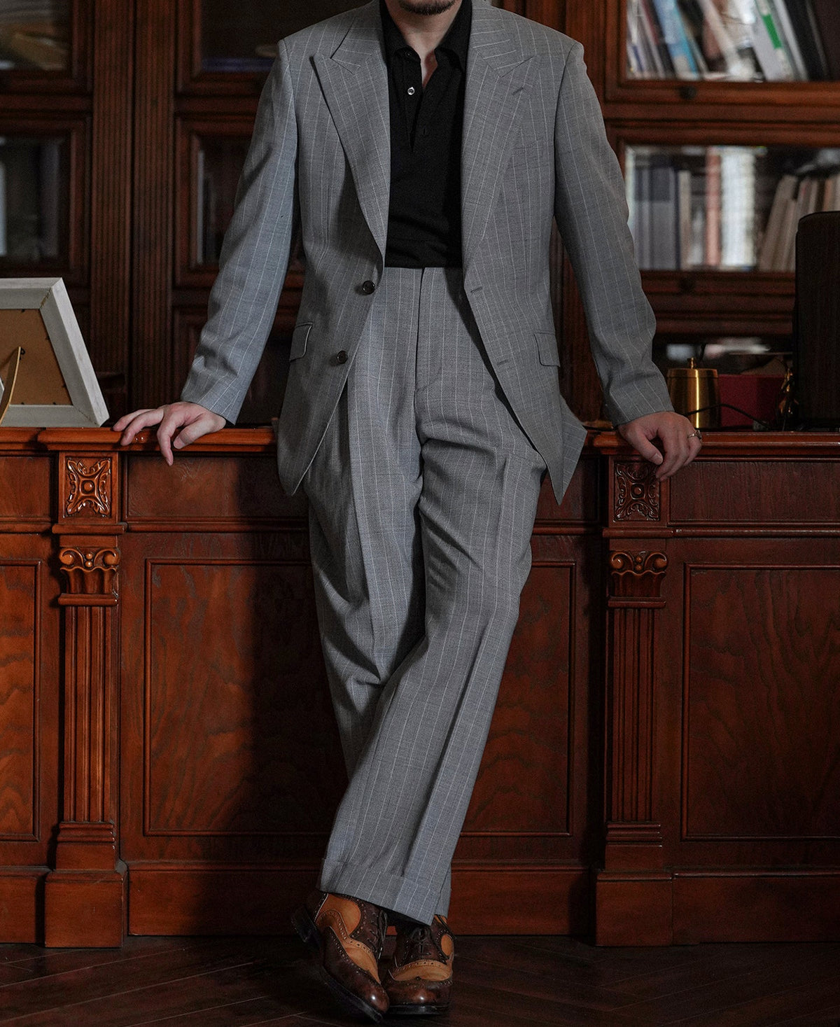 Gray Striped Wool-Blend Suit Jacket - Single-Breasted Peak Lapel
