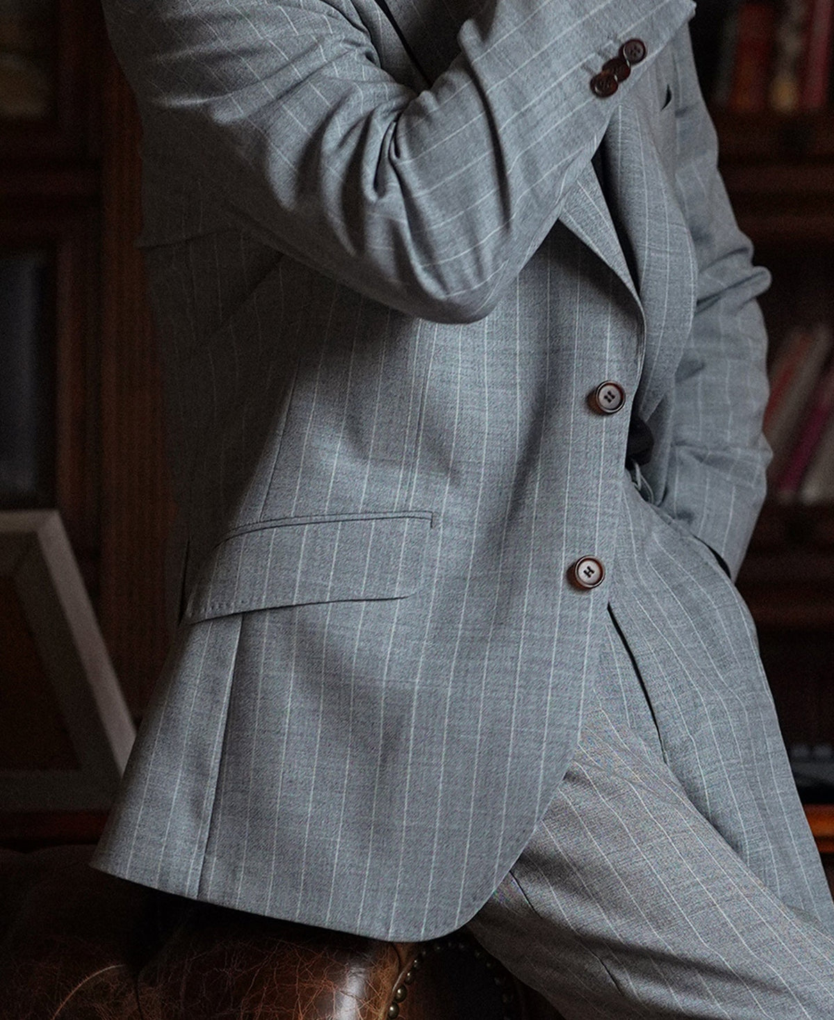 Gray Striped Wool-Blend Suit Jacket - Single-Breasted Peak Lapel